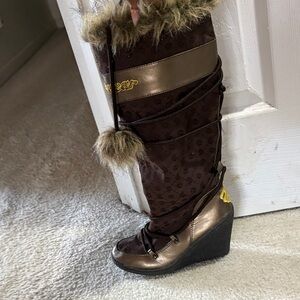 Snow Boots-Brown and Gold Wedge